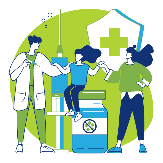 Women with a girl getting a vaccine from a doctor