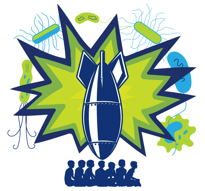 Exploding missile over a group of children with bacteria icons in the background