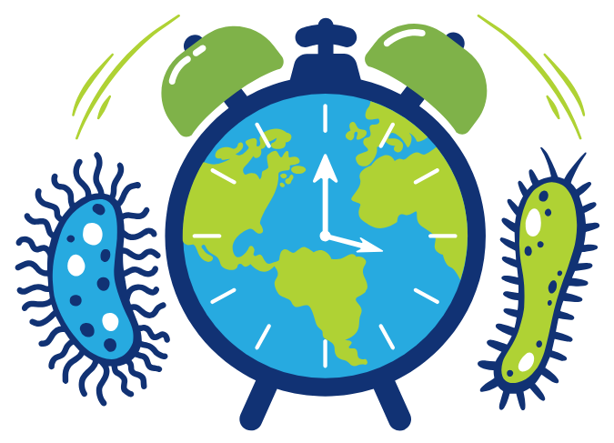 A ringing Alarm clock with the an image of planet earth inside and large viruses around it