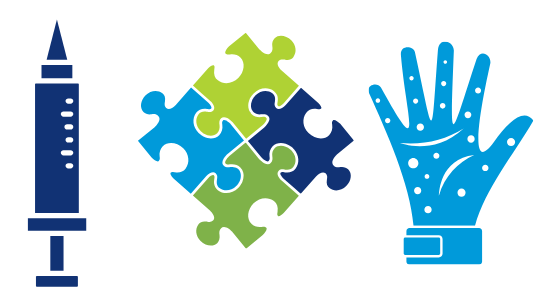 syringe, puzzle pieces, and spotted hand