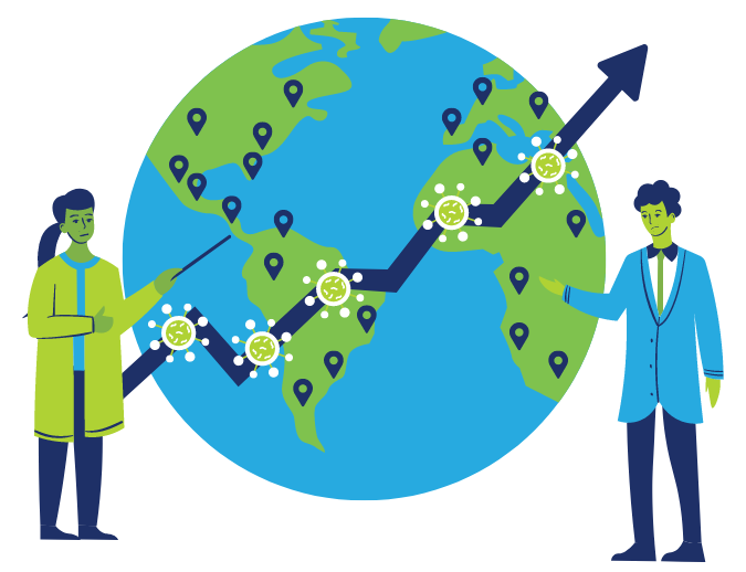 Icon of scientists in front of a globe with virus symbols and location points and an arrow poining upwards