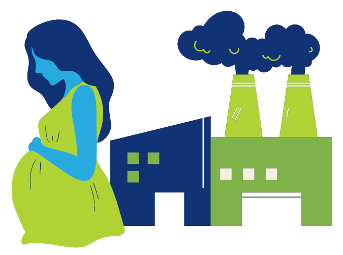 Woman with pregnant belly in front buildings with smoke coming out of the top