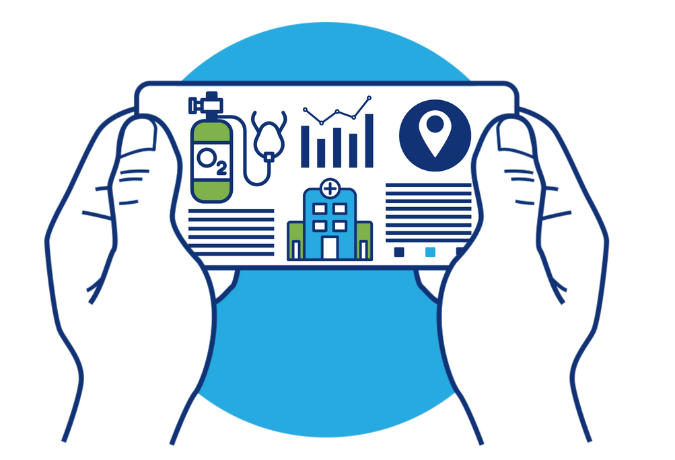 Person holding a cell phone that looks like the National medical oxygen grid.