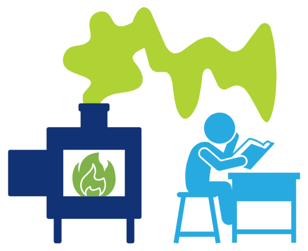 Wood burning stove with smoke coming out and child reading at desk with the smoke looming around them.